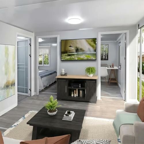 Cozy living area showcasing modern design and furniture in the prefab tiny home.