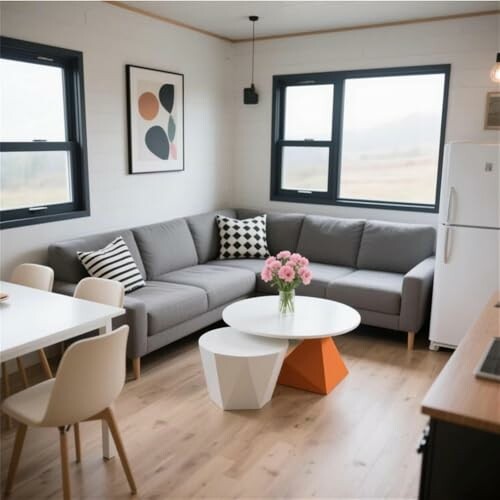 Modern living room with grey sofa, geometric coffee tables, and dining area.