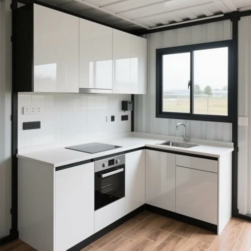 Modern minimalist kitchen with white cabinets and black accents.