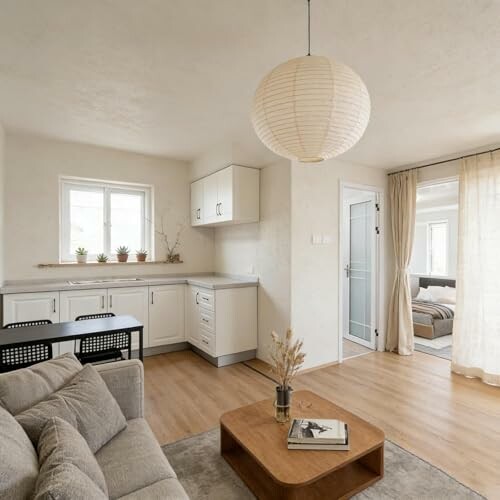 Minimalist living room with sofa, table, and kitchen area.