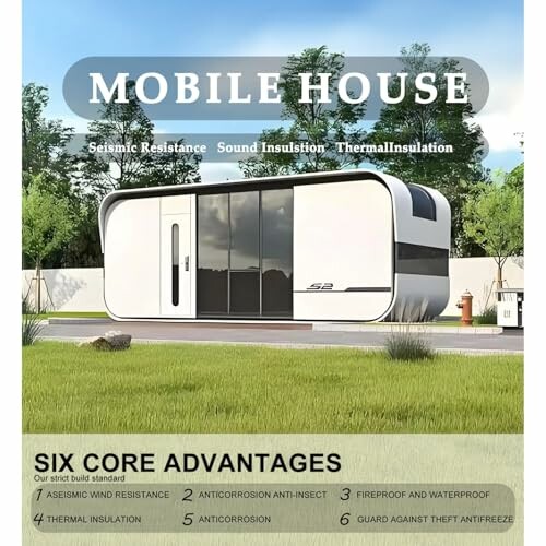 Modern mobile house with six core advantages displayed.