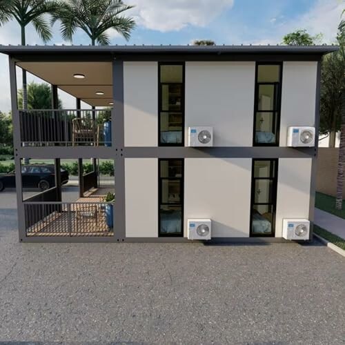 Two-story modular building with balconies and air conditioning units.