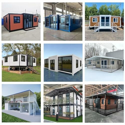 Collage of various modern modular homes in different settings.