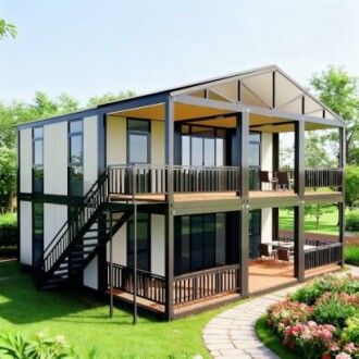 A modern two-story prefab home with large windows and a garden.
