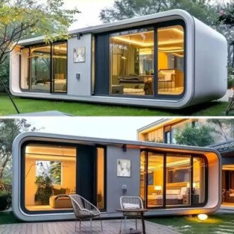 Modern prefabricated home with large glass windows and sleek design.