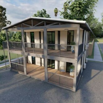 Modern two-story prefab house with balconies.