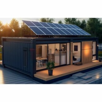 Modern container home with solar panels and glass walls.