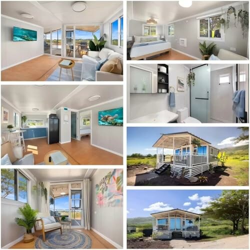 Collage of a modern tiny home's interior and exterior, featuring a living area, kitchen, bathroom, bedroom, and outdoor view.