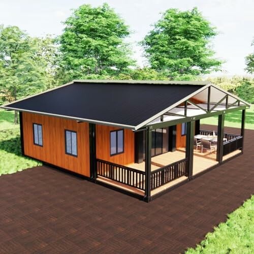 Modern tiny house with wooden exterior and patio.