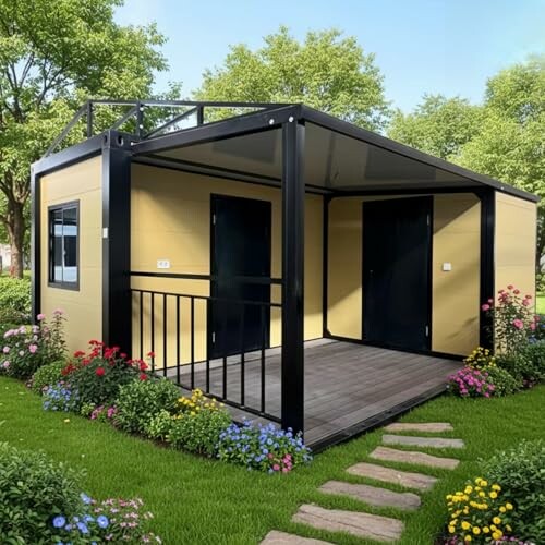Modern tiny house with garden and flowers
