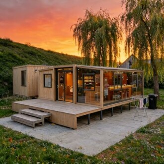 Modern tiny house with large windows at sunset.