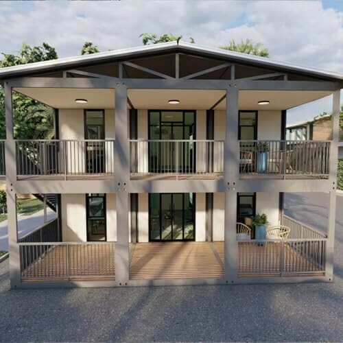 Modern two-story container home with balconies and large windows.