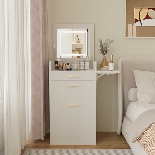 Modern vanity table with mirror and cosmetics in a bedroom.