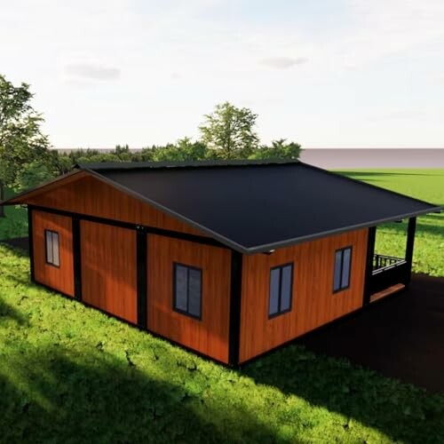 Modern wooden house with a black roof in a grassy landscape.