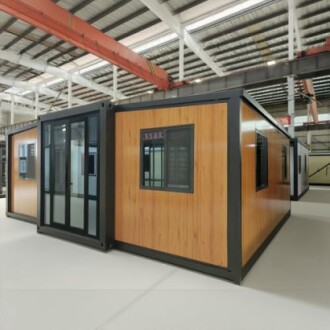 Modular office units inside a warehouse.