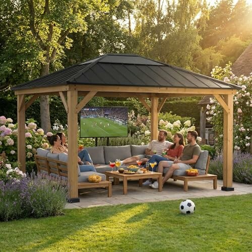 Gazebo showing UV protection, rain coverage, and snow resistance.