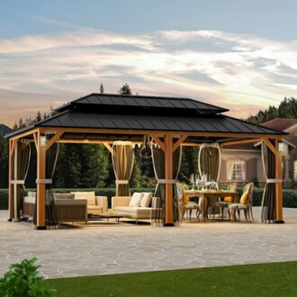 Elegant outdoor gazebo with seating and dining area.