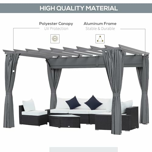 Outdoor pergola with curtains and seating area.