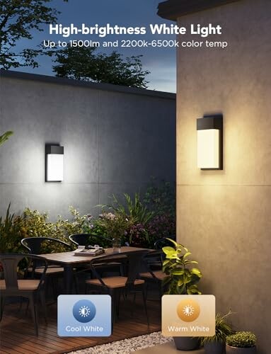 Outdoor wall lights with cool and warm white settings illuminating a patio area.