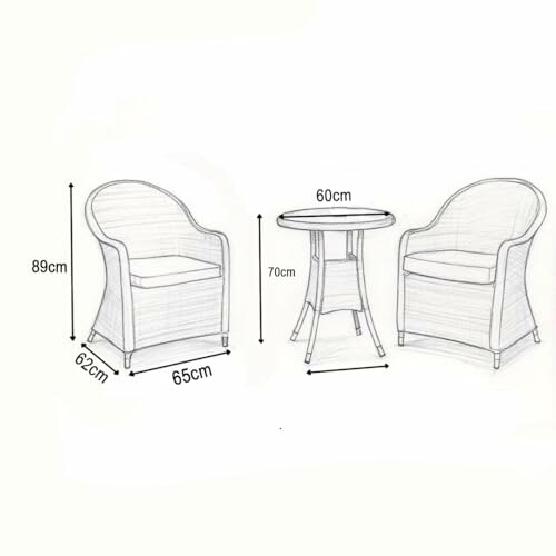 Illustration of two patio chairs and a table with dimensions.