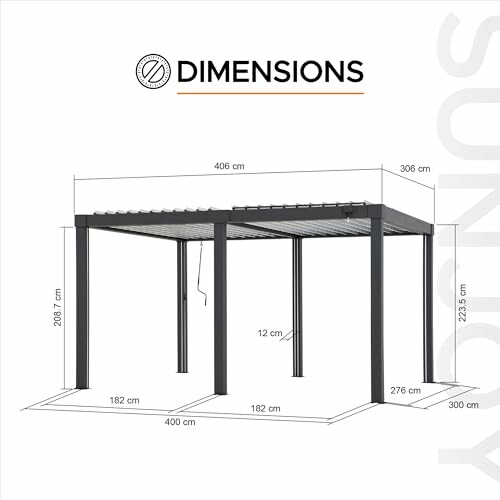 Diagram showing dimensions of a pergola structure.