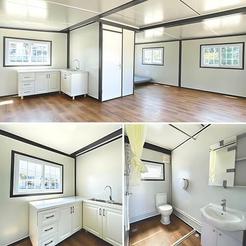 Interior of a portable cabin with kitchen, bathroom, and wooden flooring.