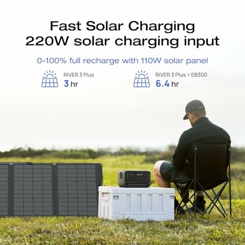 Man sitting beside portable solar charging station with solar panels and electronic device.