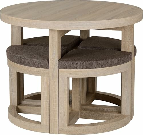 Round wooden table with four nested stools