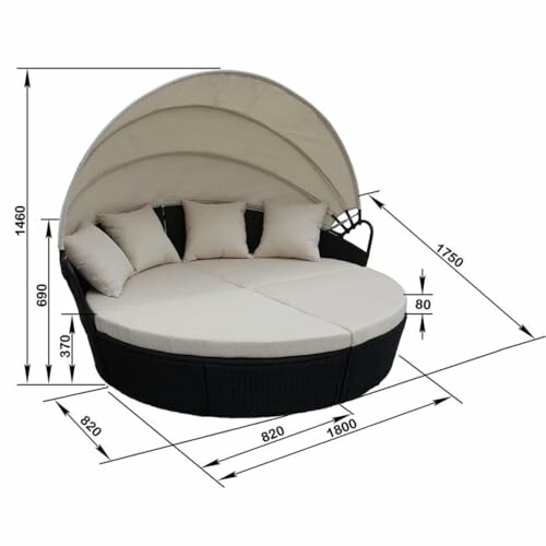 Round outdoor daybed with canopy and cushions, dimensions included.