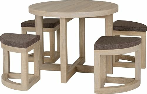 Round wooden dining table with four matching stools.