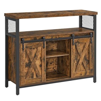 Rustic console table with barn door design and metal mesh accents.