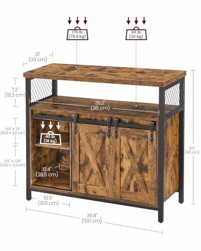 Rustic storage cabinet with dimensions and weight capacity details.