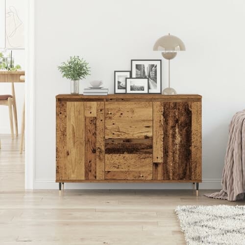 Rustic wooden cabinet in a modern living room.