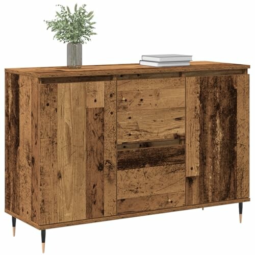 Rustic wooden sideboard with a vase and books on top.