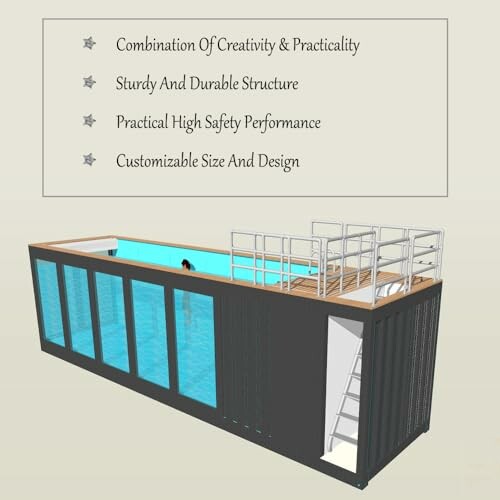 Shipping container pool with deck and safety features.