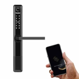 Smart door lock with keypad and smartphone unlocking.