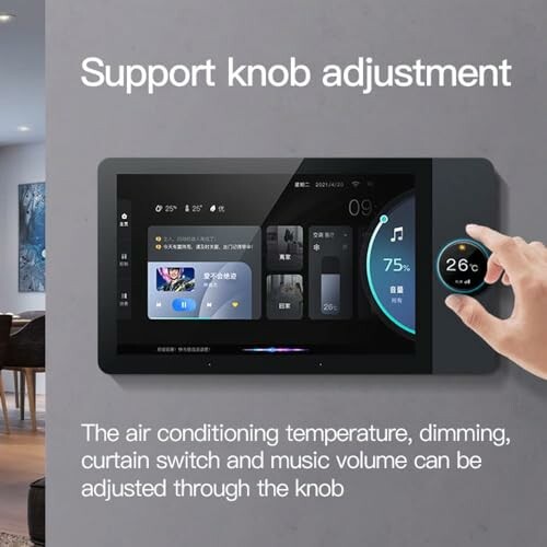 Smart home control panel with knob adjustment for temperature and settings.
