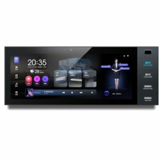 Smart home control panel interface with touchscreen display.