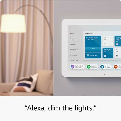 Smart home display with dimmed lights and Alexa command.