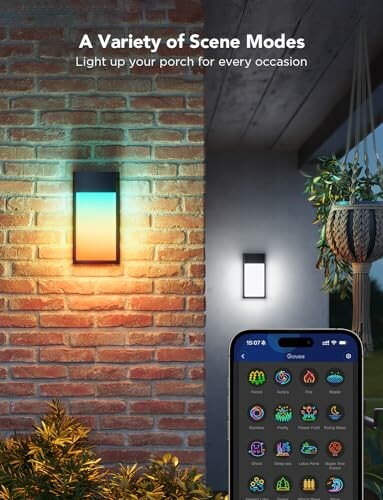 Smart lighting on porch with mobile app showing scene modes.