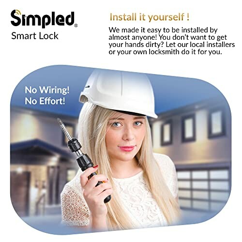 Woman in hard hat holding a screwdriver promoting a smart lock installation.