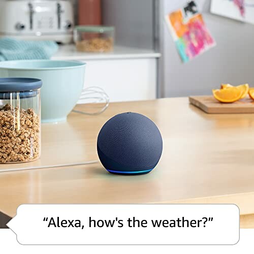 Smart speaker on kitchen counter responding to weather query.