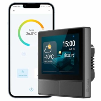 Smart thermostat with app interface displaying temperature settings.