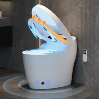 Smart toilet with open lid and glowing light.