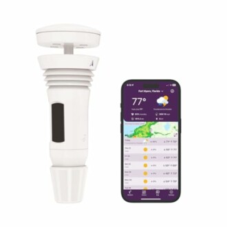 Smart weather station device with a weather app on a smartphone.