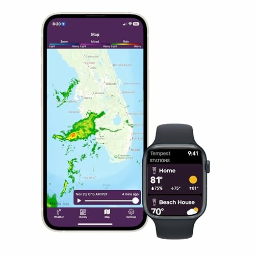 Smartphone displaying weather map and smartwatch showing temperature.