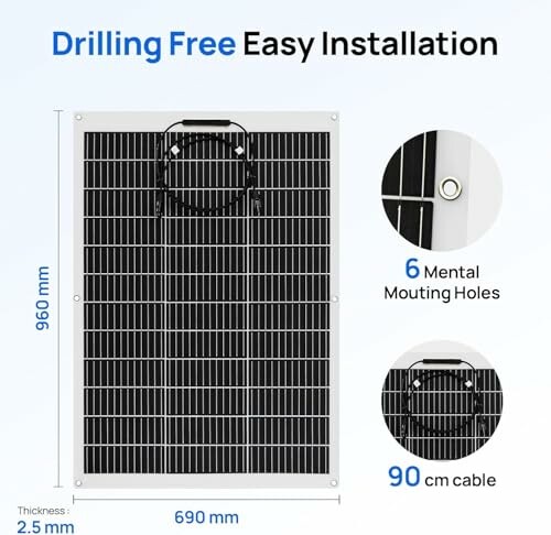 Solar panel with drilling-free installation and mounting holes.