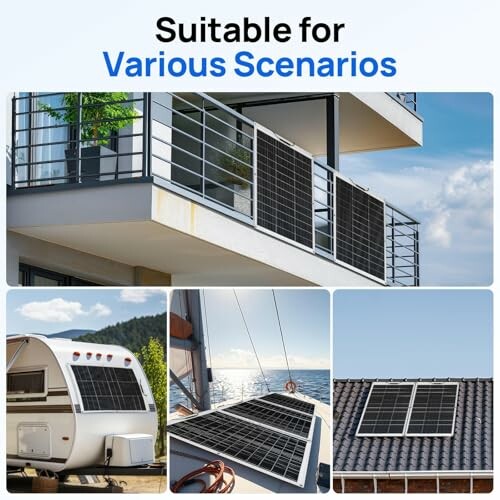 Various solar panel installations on balcony, RV, boat, and roof.