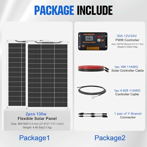 Components of a solar panel kit including panels, controller, and connectors.