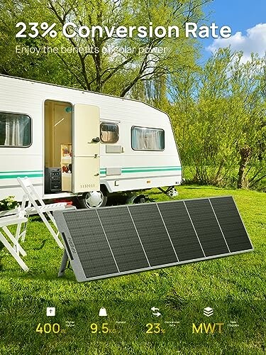 Portable solar panel outside a camper in a grassy area.